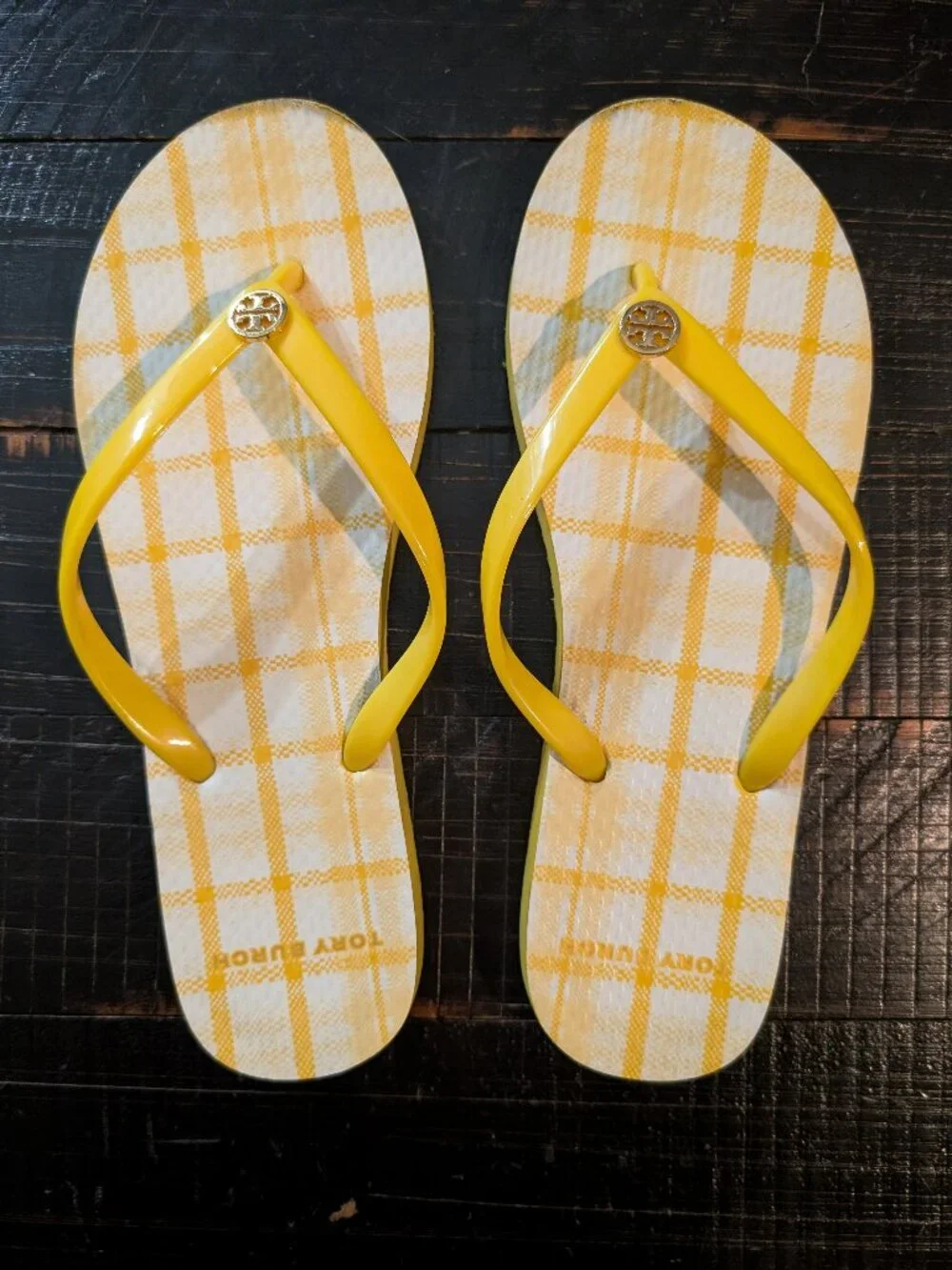 Tory Burch Sunlight Yellow/Check In Plaid Flip Flops, Size 9
